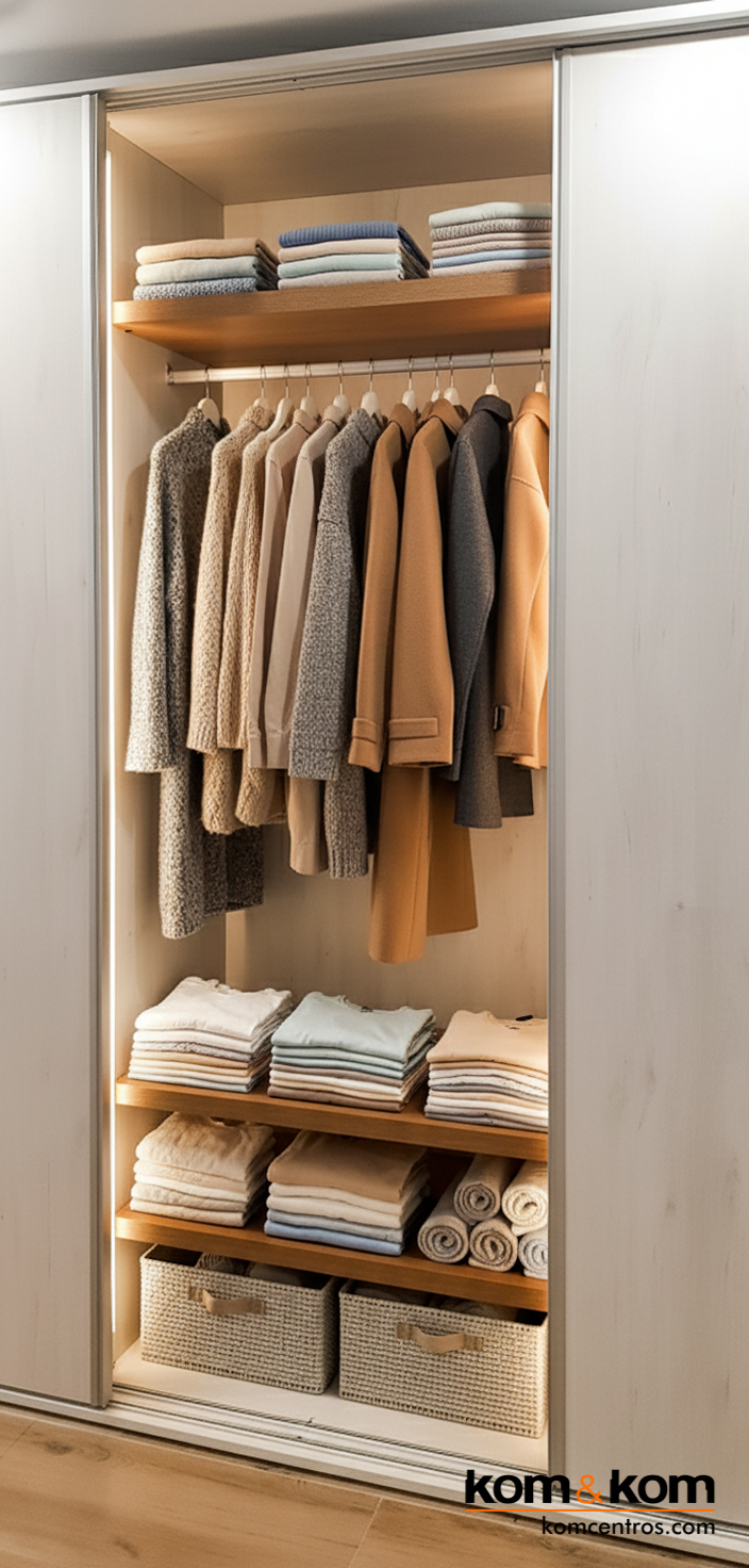 Detalle de ropa y mantas perfectamente organizadas en armario ropero de alta calidad en Yecla.